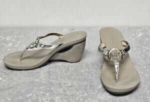 Michael Kors Warren Women Metallic T-Strap Thong Wedge Sandals-Size 7M